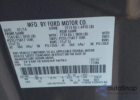 2014 Ford F-150 Xl из США, поврежденный, VIN 1FTMF1EM0EKF16761